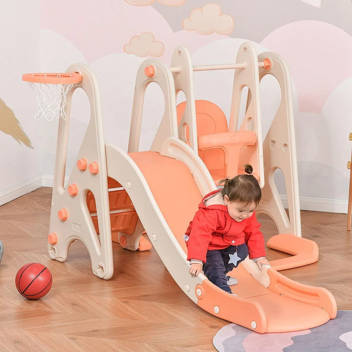 3 in 1 Spielturm mit Kinder Rutsche Basketballkorb Schaukel Leiter Spielzeug Gartenrutsche Babyrutsch für 18 Monate-5 Ja - 1