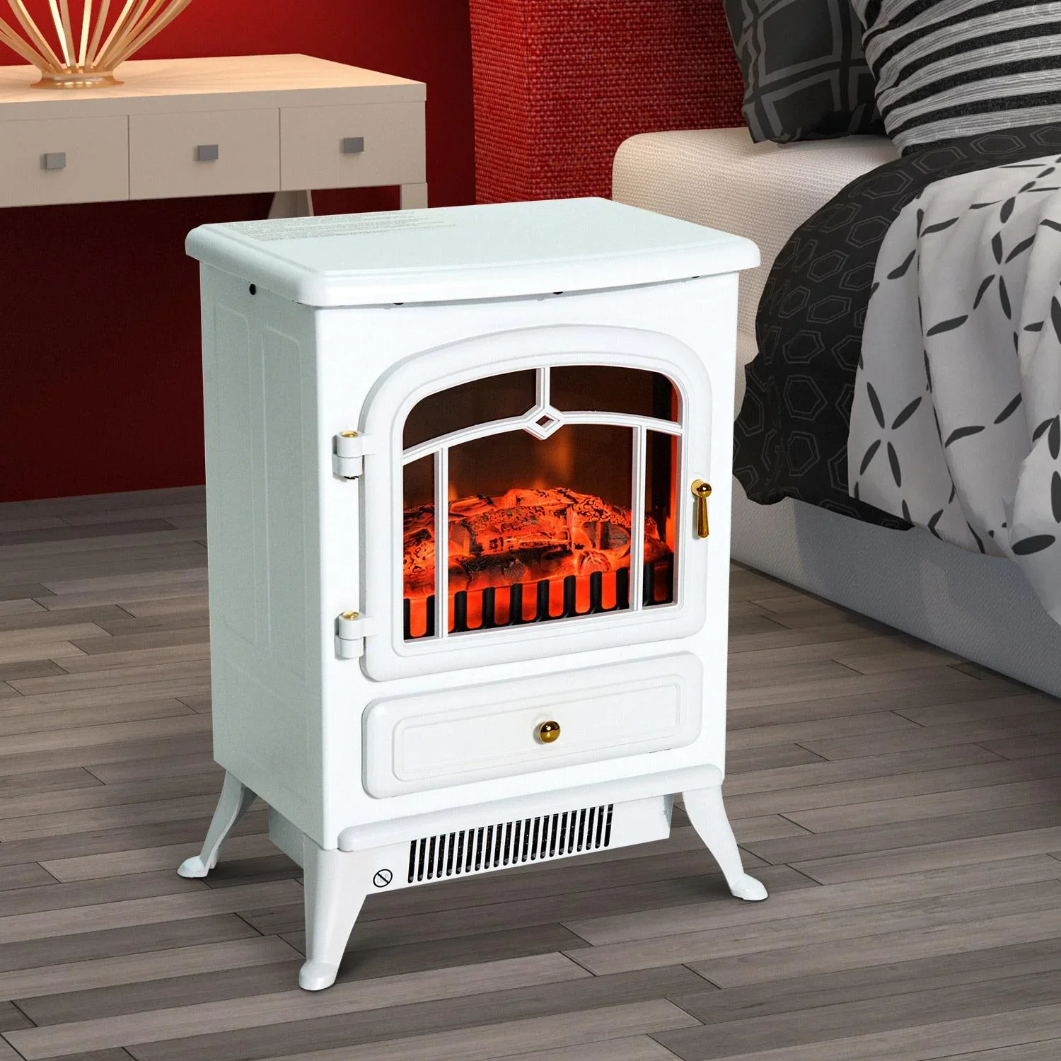 Elektrokamin Kaminofen Flammeneffekt Metall Glas Weiß L42 x B28 x H55 cm - 1
