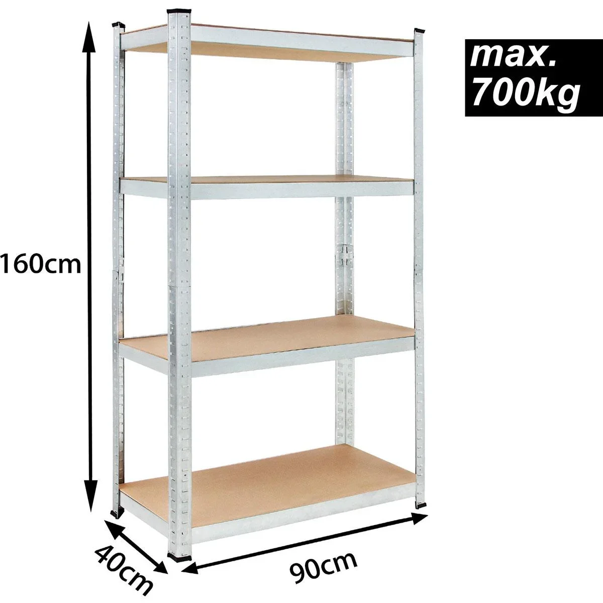 2 Stück Metallregal mit 4 Fachböden - 700kg Kapazität - (HxBxT) 160x90x40 cm - 175kg pro Fachboden - 0