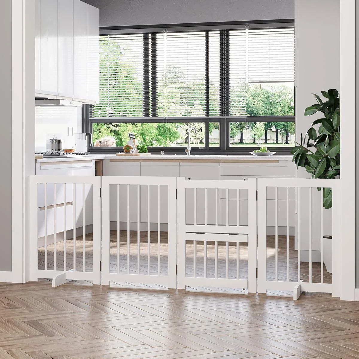 Hunde Absperrgitter Türschutzgitter Schutzgitter Konfigurationsgitter klappbar mit 4 Stücke Kiefernholz Weiß 215 x 38 x - 1