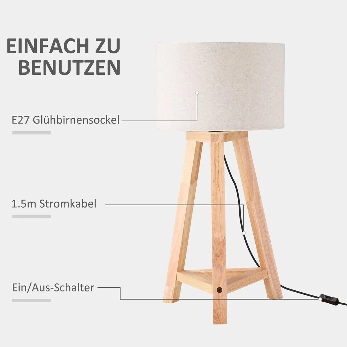 Tischlampe aus Holz Nachttischlampe 58 cm Tischleuchte E27-Fassung 40 W Leinen-Schirme Holzfuß Weiß+Natur - 0