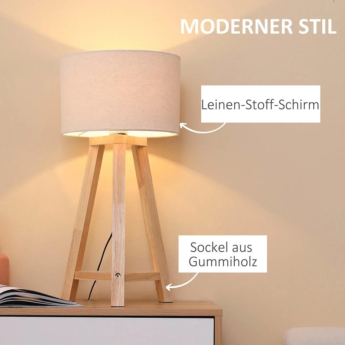 Tischlampe aus Holz Nachttischlampe 58 cm Tischleuchte E27-Fassung 40 W Leinen-Schirme Holzfuß Weiß+Natur - 1
