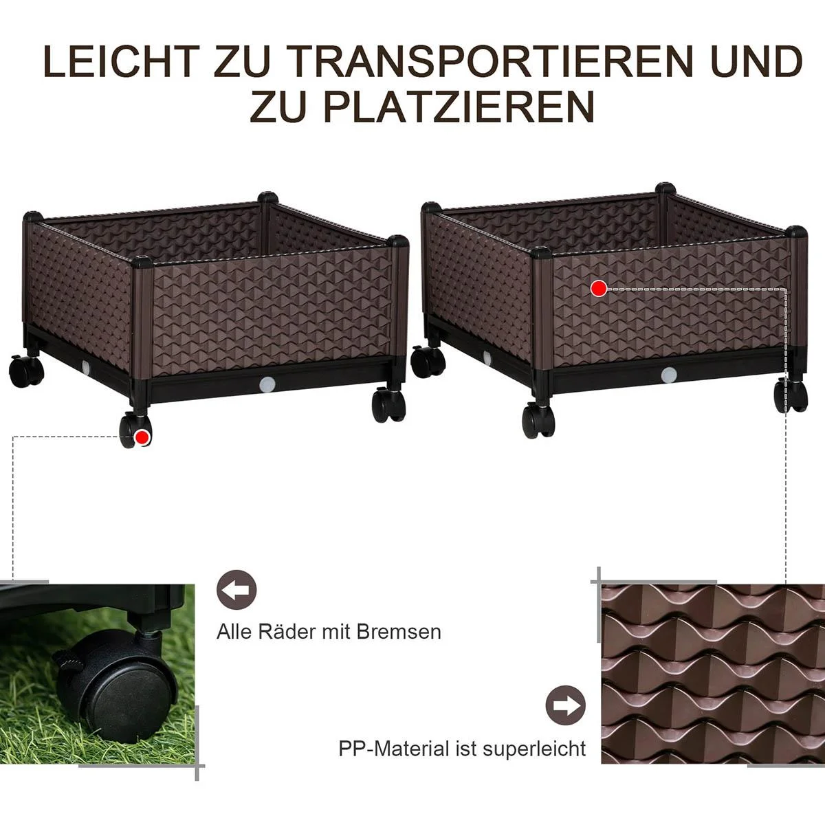 Hochbeet 2-teiliger DIY Pflanzkasten mit Rollen Abflusslöchern Pflanzkasten Blumenkasten Frühbeet Kunststoff Braun - 0