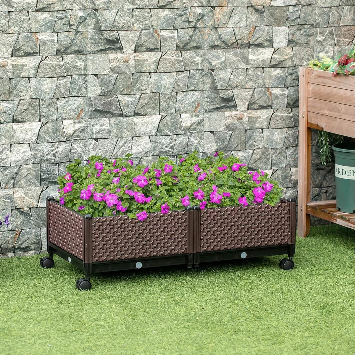 Hochbeet 2-teiliger DIY Pflanzkasten mit Rollen Abflusslöchern Pflanzkasten Blumenkasten Frühbeet Kunststoff Braun - 2