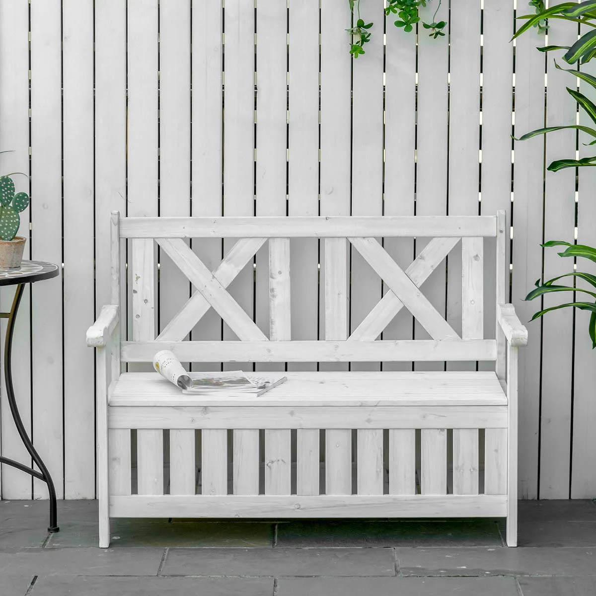 Bank mit Stauraum 2-Sitzer Gartentruhe Kissen Stauraumtruhe weiß 115 x 61 x 85 cm - 0