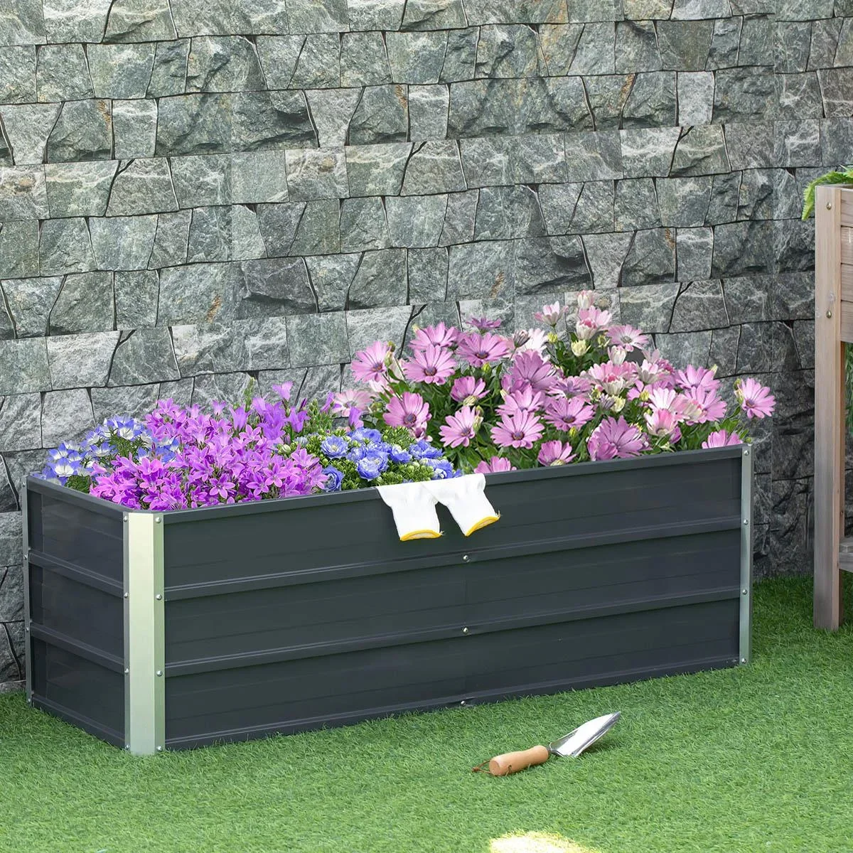 Hochbeet aus Stahl Gartenbeet Pflanzkasten Blumenkasten Blumenkübel mit Handschuhe Dunkelgrau 125 x 47 x 40 cm - 2