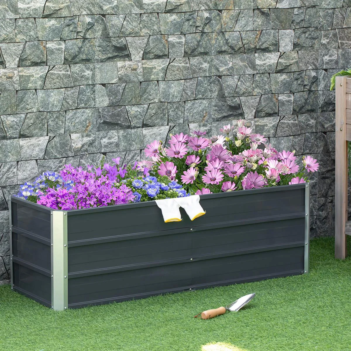 Hochbeet aus Stahl Gartenbeet Pflanzkasten Blumenkasten Blumenkübel mit Handschuhe Dunkelgrau 125 x 47 x 40 cm - 2