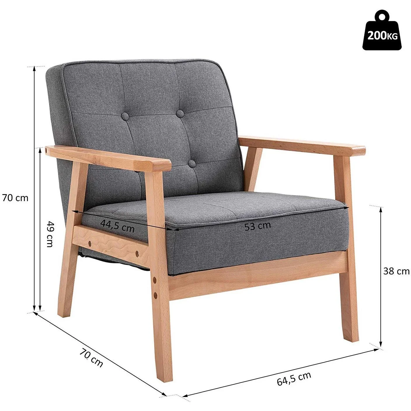 Einzelsofa Loungesessel Polsterstuhl mit Armlehnen Holzrahmen Leinen Grau 64,5 x 70 x 70 cm - 1