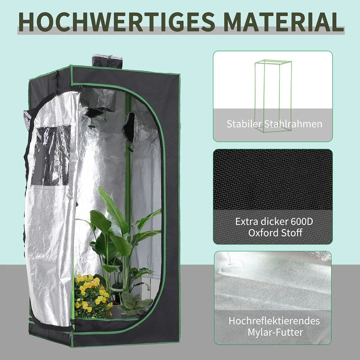Growbox Growzelt Growschrank Gewächshaus Zuchtschrank Pflanz 600D Oxford Tuch Stahl Schwarz+Grün 60 x 60 x 140 cm - 1