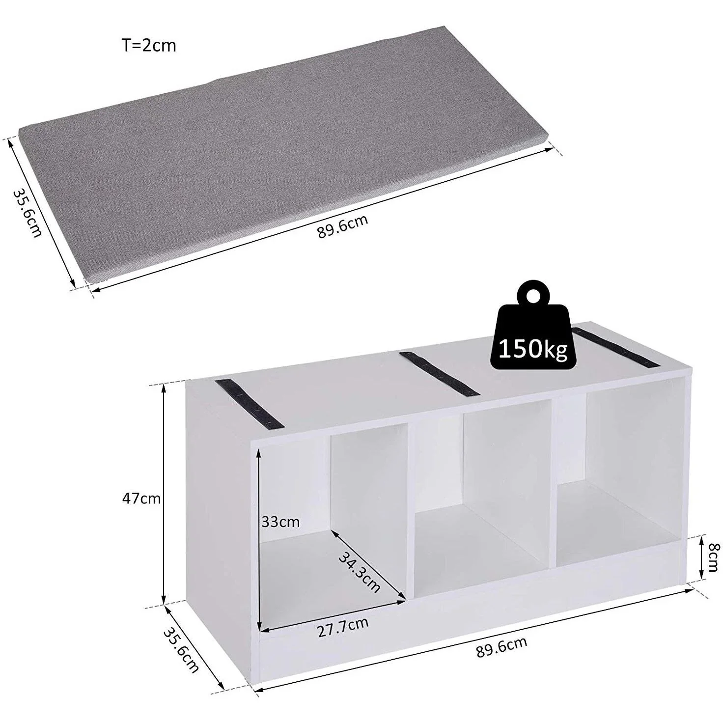 Schuhbank mit Sitzkissen Schuhschrank Schuhregal Lowboard Garderobe Flur Diele Holz Weiß 89,6 x 35,6 x 47 cm - 2