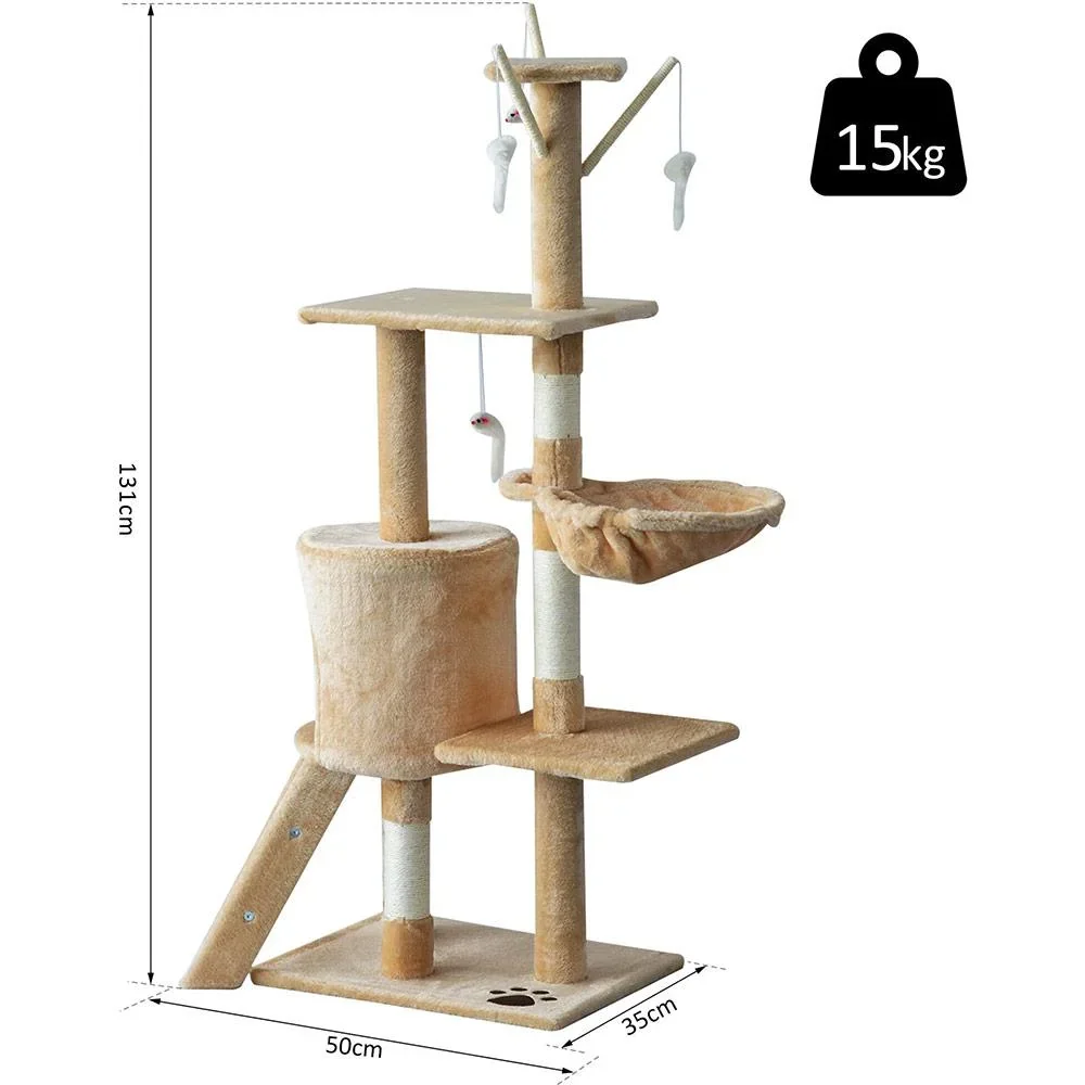 Katzenkratzbaum mit 4 Spielmäusen beige/weiß - 0
