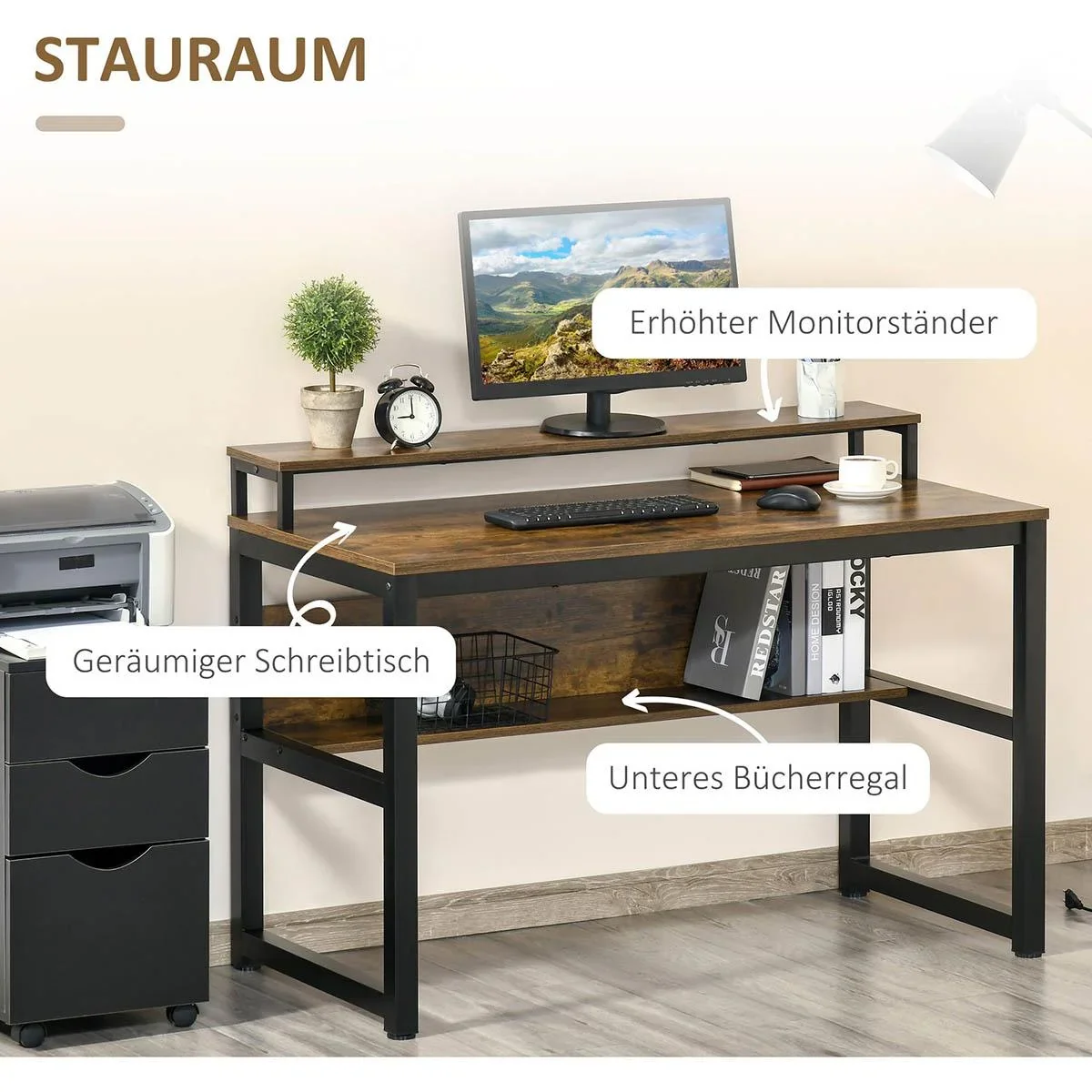 Schreibtisch Computertisch mit Ablage PC Tisch Bürotisch Industriestil Metall Rustikales Braun 120 x 60 x 85 cm - 1