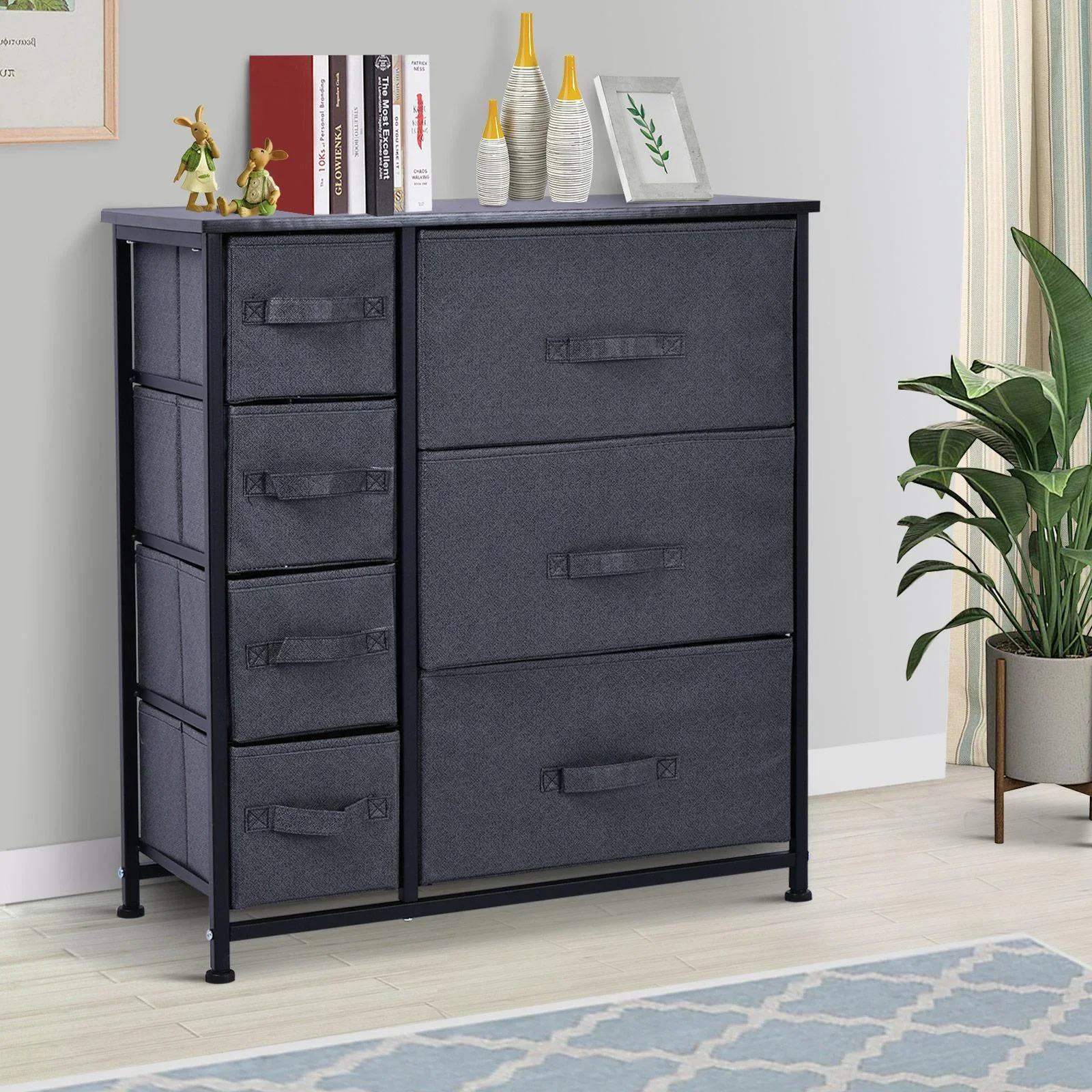 Schubladenschrank Aufbewahrungsschrank mit faltbaren 7 Stoffschubladen Metallgestell + Holz + Leinen Grau 63,5 x 30 x 71 - 0