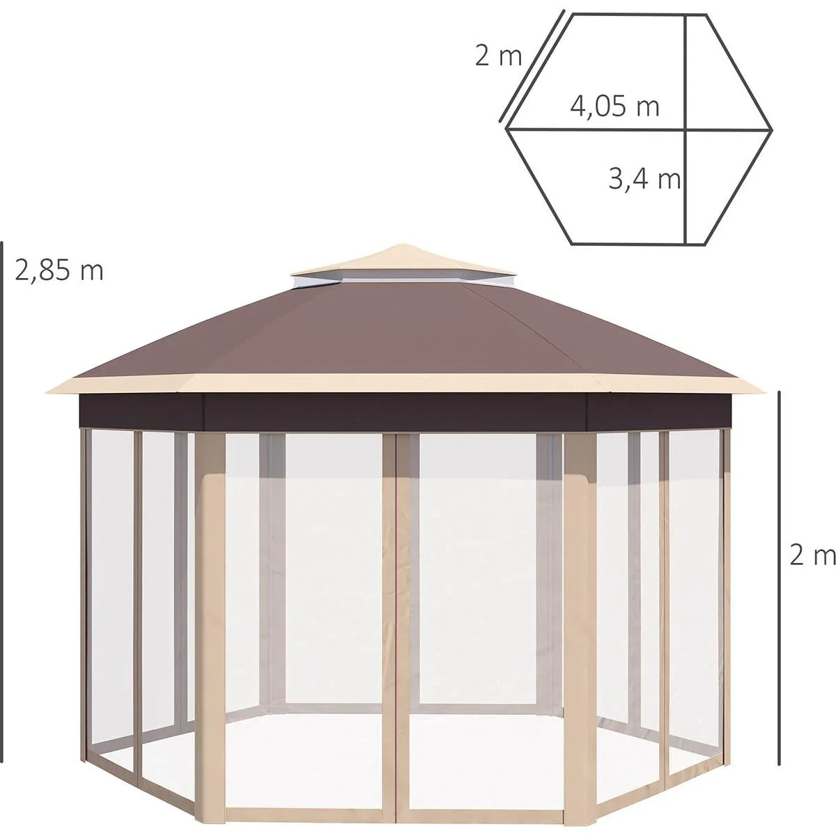 Gazebo faltbares Gartenzelt - 4 x 4 m - inkl. Tragetasche - sechseckig - Beige/Khaki - 1