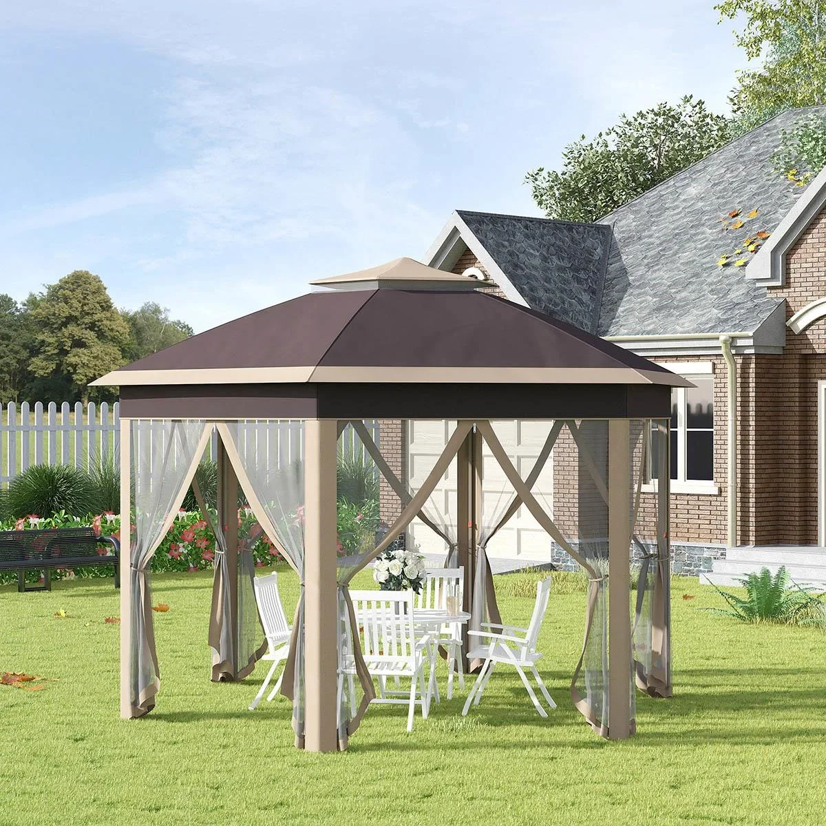 Gazebo faltbares Gartenzelt - 4 x 4 m - inkl. Tragetasche - sechseckig - Beige/Khaki - 2