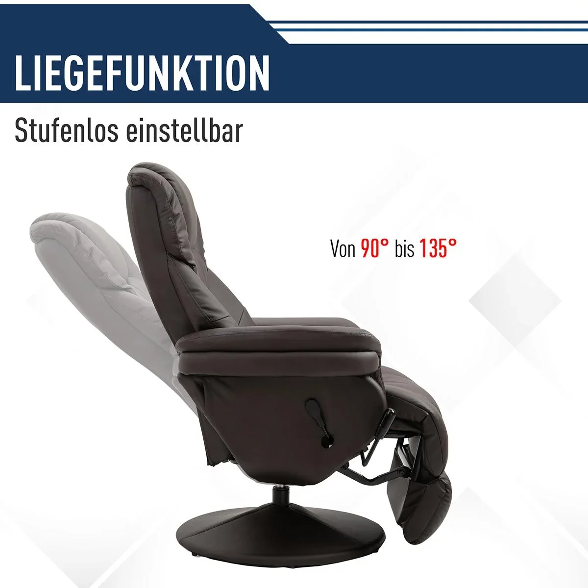 Relaxsessel, Fernsehsessel, Einzelsofa 135 °Neigung, Stahl+PU+Schaumstoff+Kunststoff, Braun, 79 x 81 x 107 cm - 2