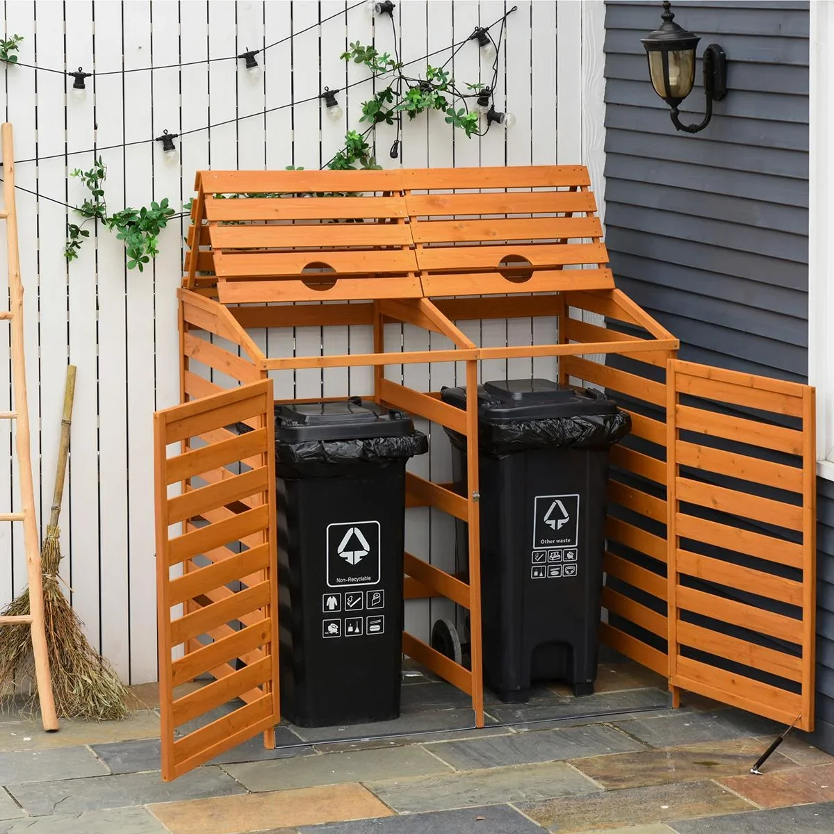 Mülltonnenbox Mülltonnecontainer mit Fronttüren Mülltonnenverkleidung für zwei 240L-Tonnen Massivholz Orange 131L x 85B - 1