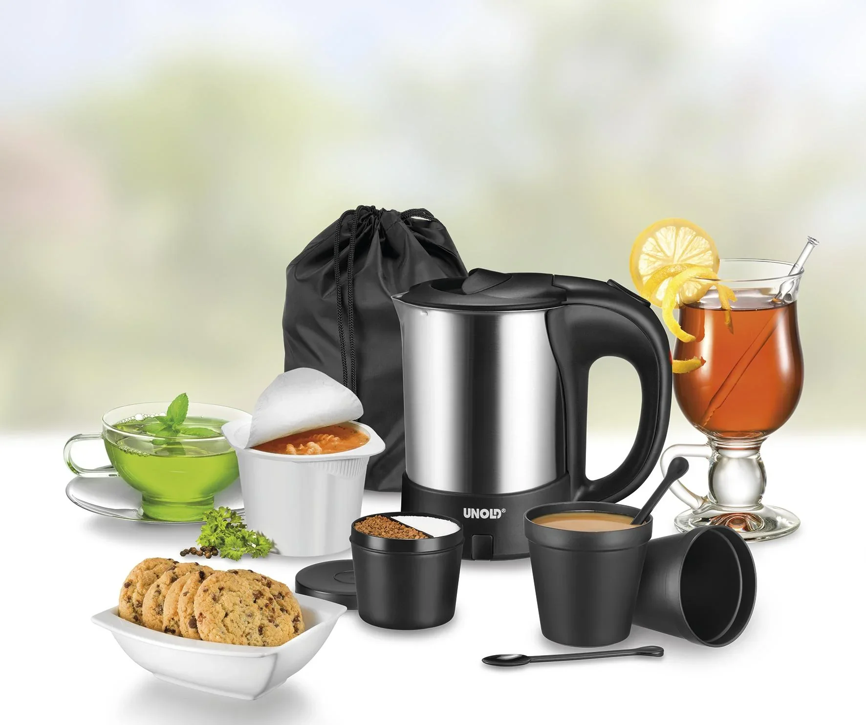 Blitz-Wasserkocher 0,5 L Edelstahl, 7-teilig - Mit 2 Trinkbechern, Kaffeelöffel und Doppelfach-Behälter - 4