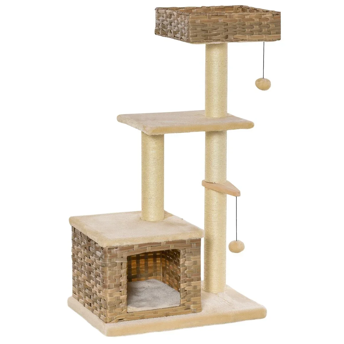 Rattan Katzenbaum Kratzbaum Kätzchen Möbel mit Katzenhöhle Ballspielzeug Sisal weiche Plüsch PE Höhe 108 cm Braun+Beige - 0