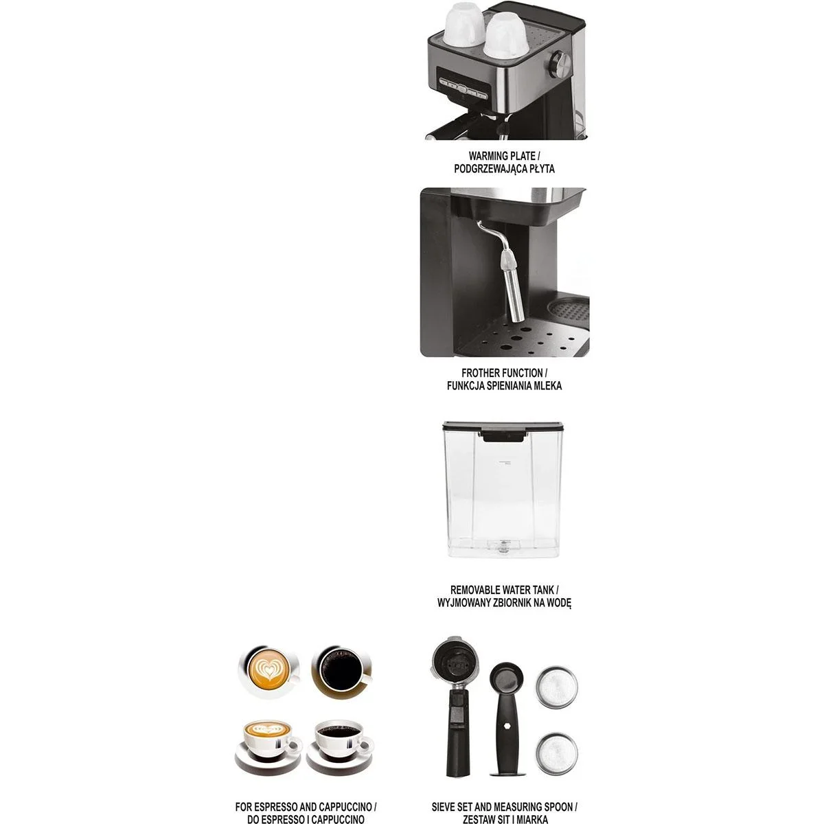 Kolbenmaschine mit Aufschäumer - 850W - 1,6 L - Edelstahl - 6