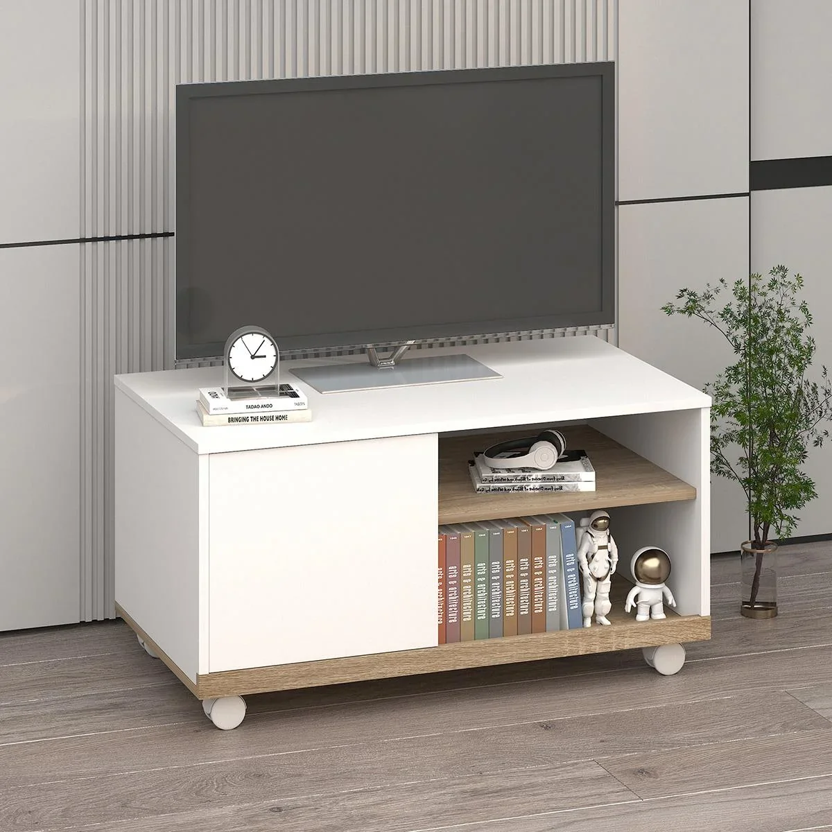 TV Schrank TV-Ständer mit 2 Rollen Spanplatte, Weiß, 80 x 45 x 39,5 cm - 0