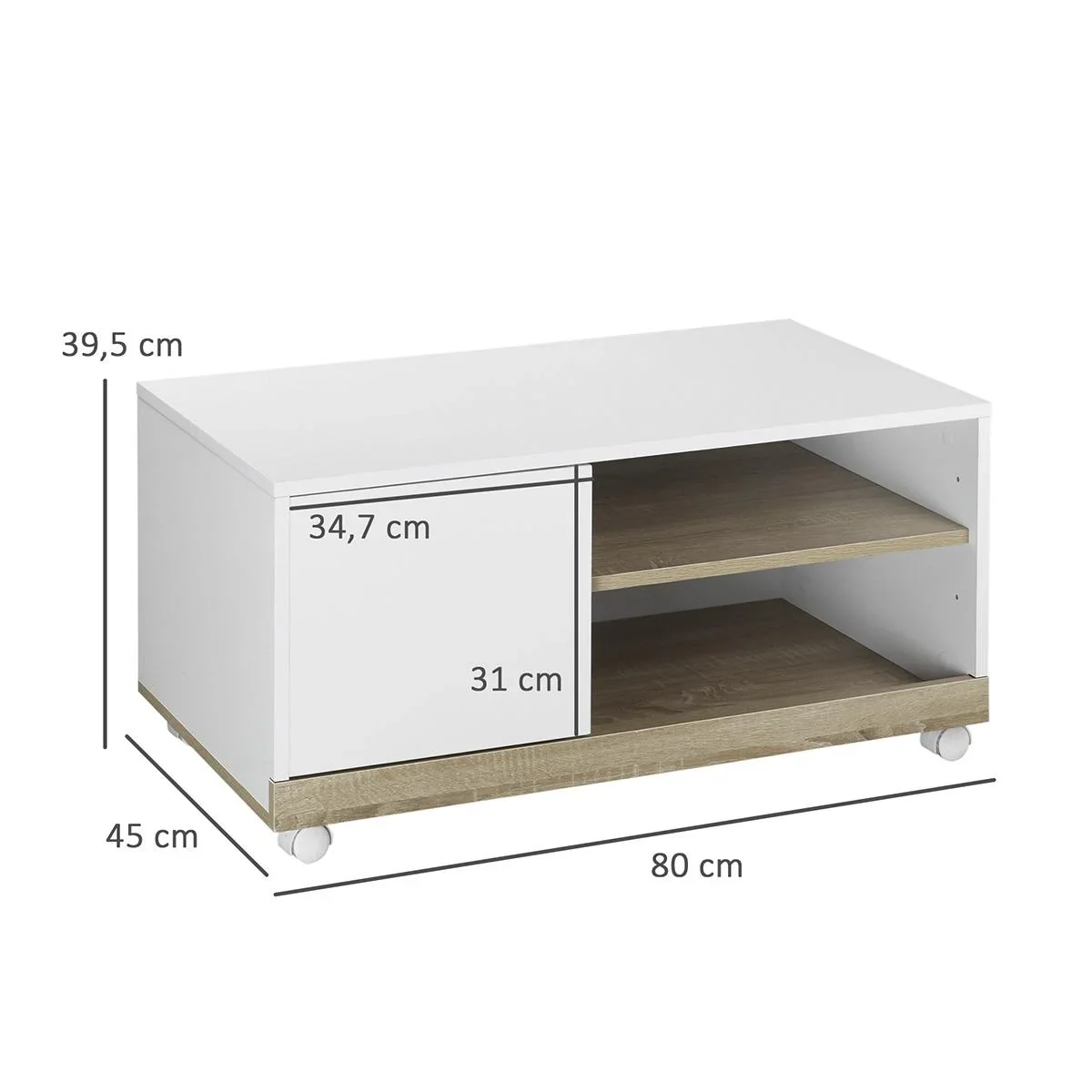 TV Schrank TV-Ständer mit 2 Rollen Spanplatte, Weiß, 80 x 45 x 39,5 cm - 1