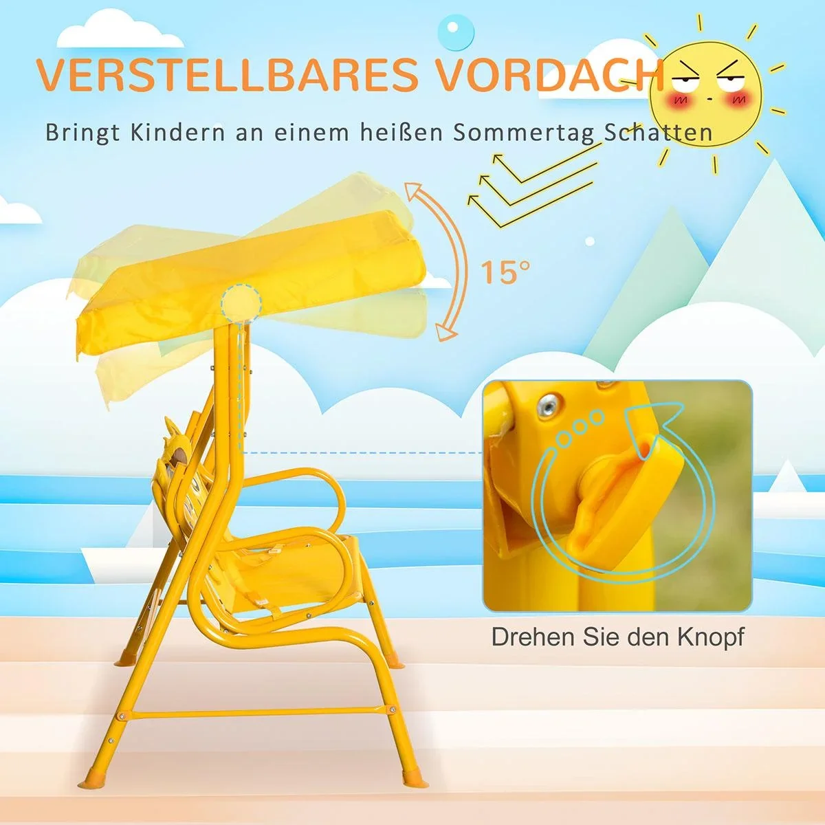 Kinderschaukel 2-Sitzer mit verstellbarem Sonnendach für 3-6 jährige Kinder Metall gelb 110 x 74 x 113 cm - 2