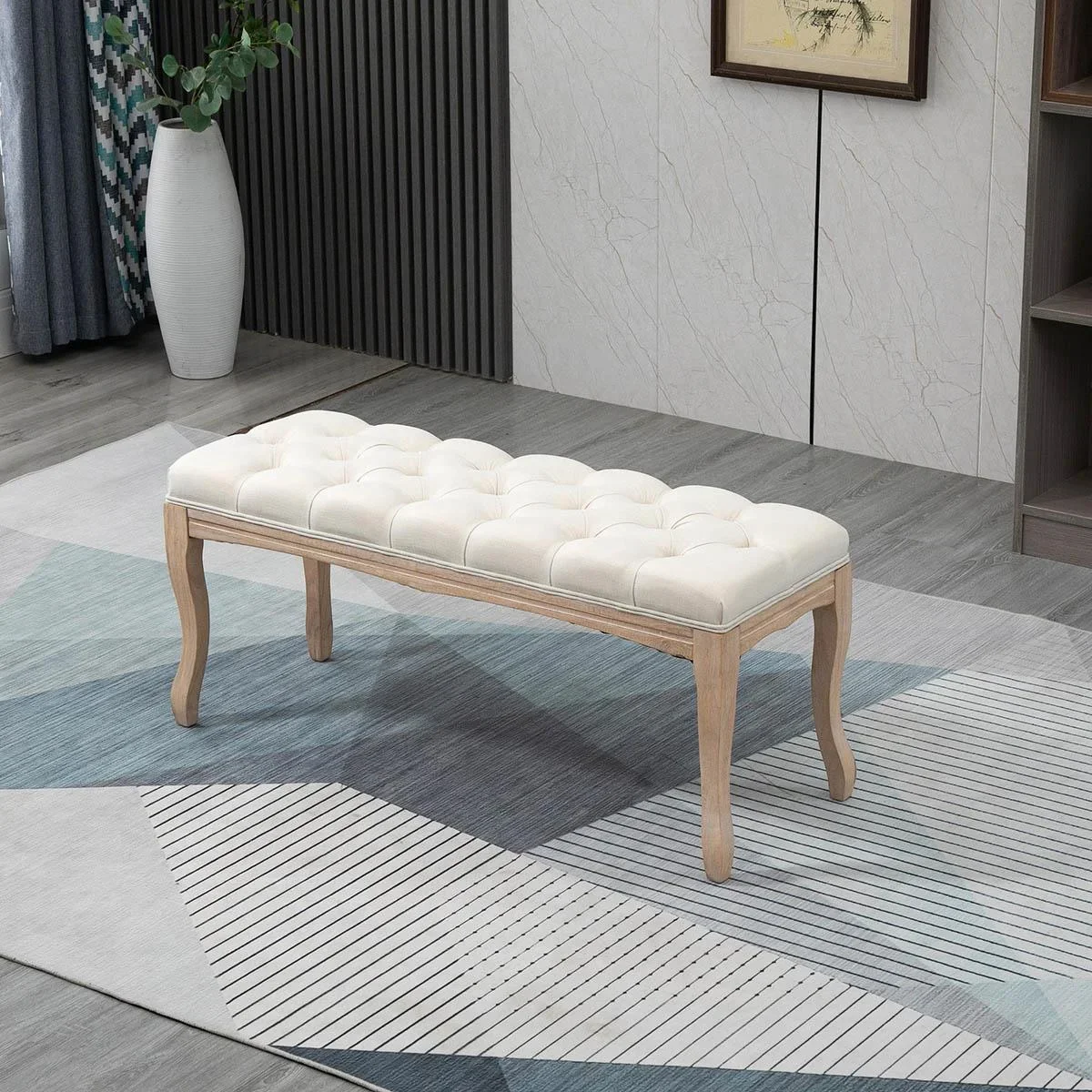 Polsterbank Sitzbank Truhenbank Schuhbank Vintage Bettbank Schlafzimmer Wohnzimmer Flur Gummiholz Leinen Beige 110 x 38 - 1