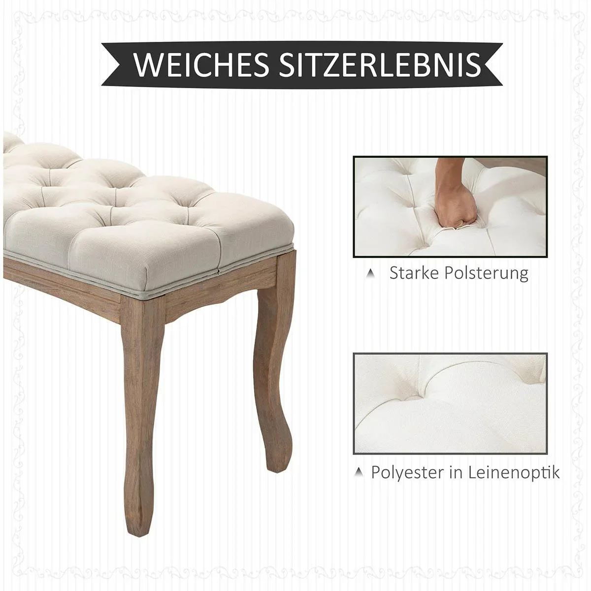 Polsterbank Sitzbank Truhenbank Schuhbank Vintage Bettbank Schlafzimmer Wohnzimmer Flur Gummiholz Leinen Beige 110 x 38 - 2