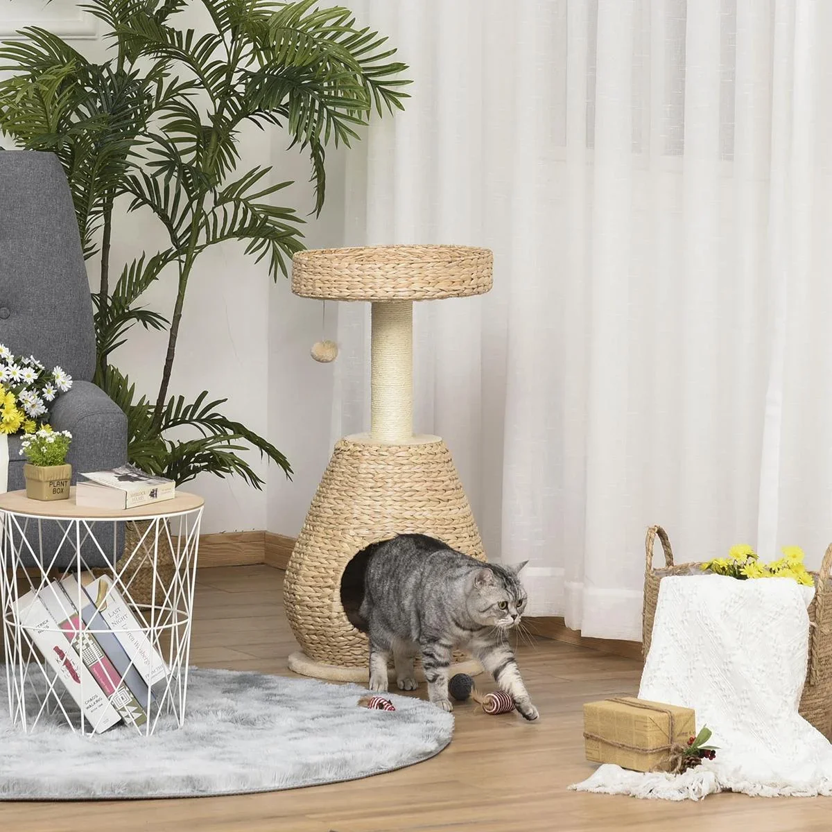 Katzenbaum Kratzbaum Kätzchen Möbel mit Katzenhöhle Ballspielzeug Sisal weiche Plüsch Höhe 82,5 cm Gelb - 0