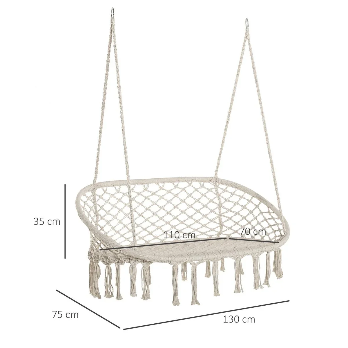 Hängesessel Hängestuhl 2-Sitzer Boho-Stil Makramee-Netzmuster mit Aufhängen Deckenhaken für Veranda unter Bäumen Garten - 0