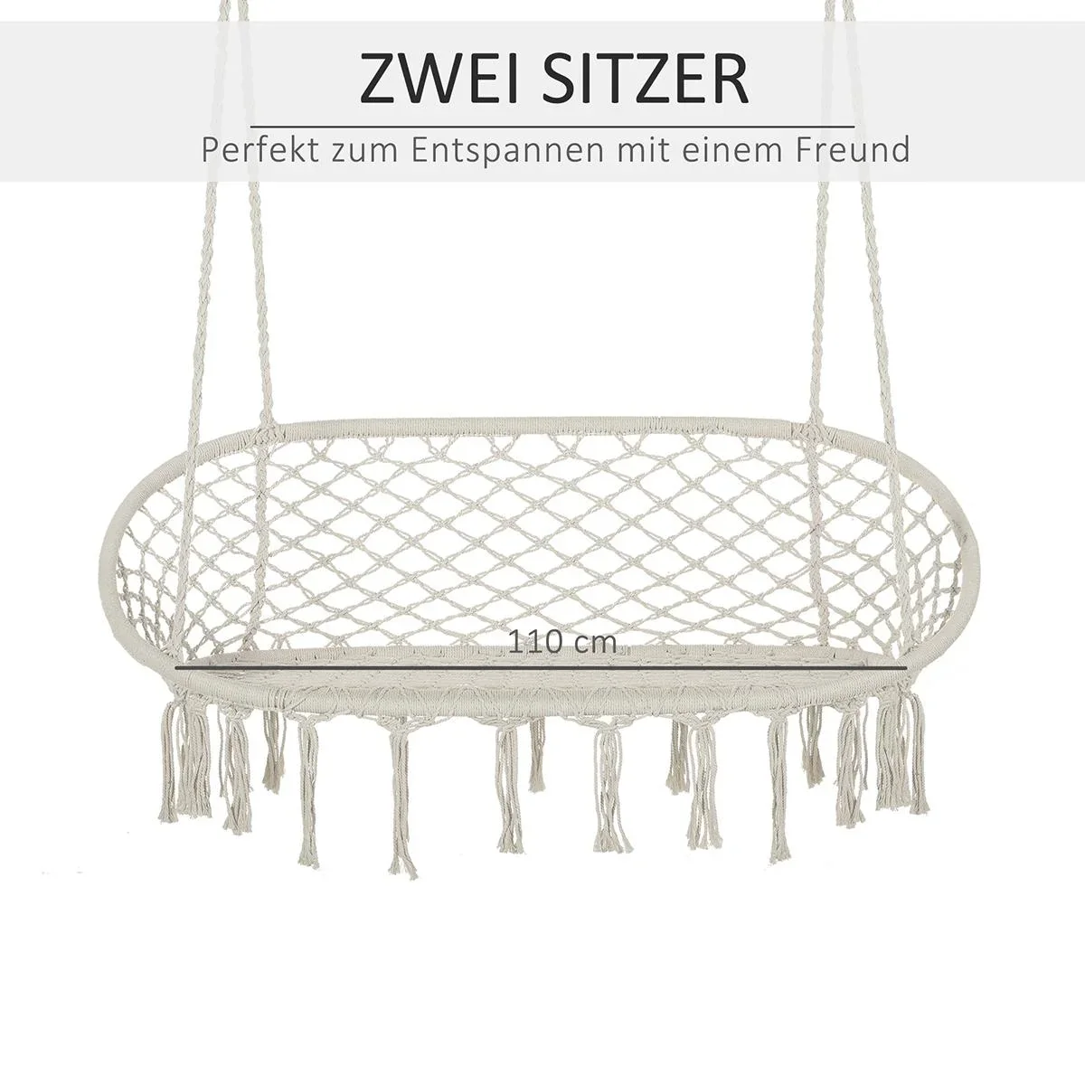 Hängesessel Hängestuhl 2-Sitzer Boho-Stil Makramee-Netzmuster mit Aufhängen Deckenhaken für Veranda unter Bäumen Garten - 1