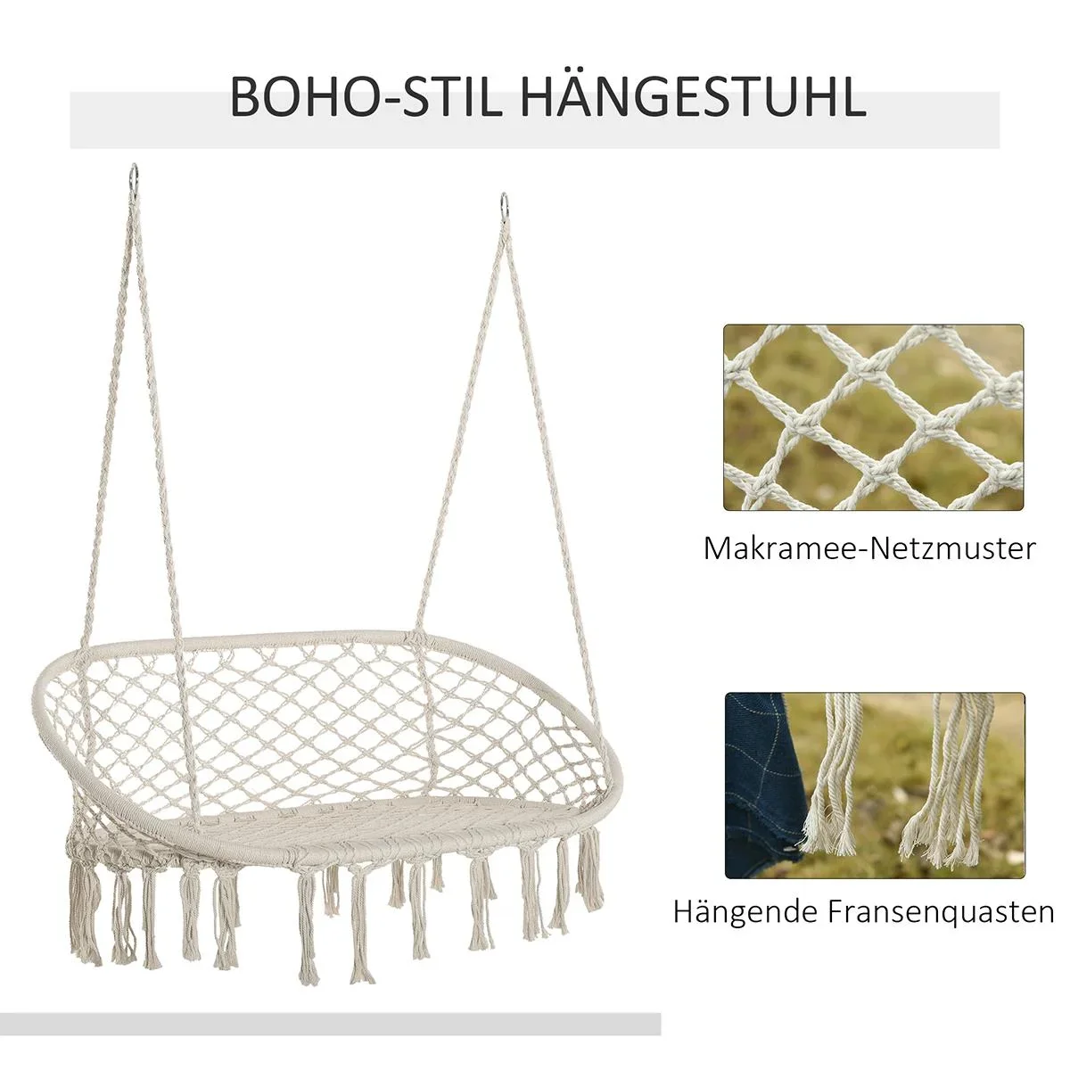 Hängesessel Hängestuhl 2-Sitzer Boho-Stil Makramee-Netzmuster mit Aufhängen Deckenhaken für Veranda unter Bäumen Garten - 3