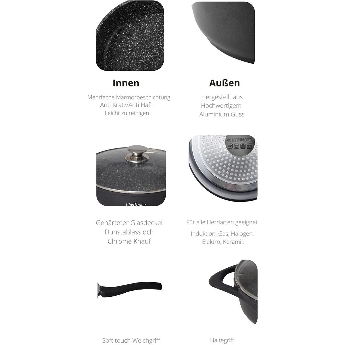 Bratpfanne - mit Deckel - Grillpfanne - Marmorbeschichtung - 28 cm - Schwarz - 1
