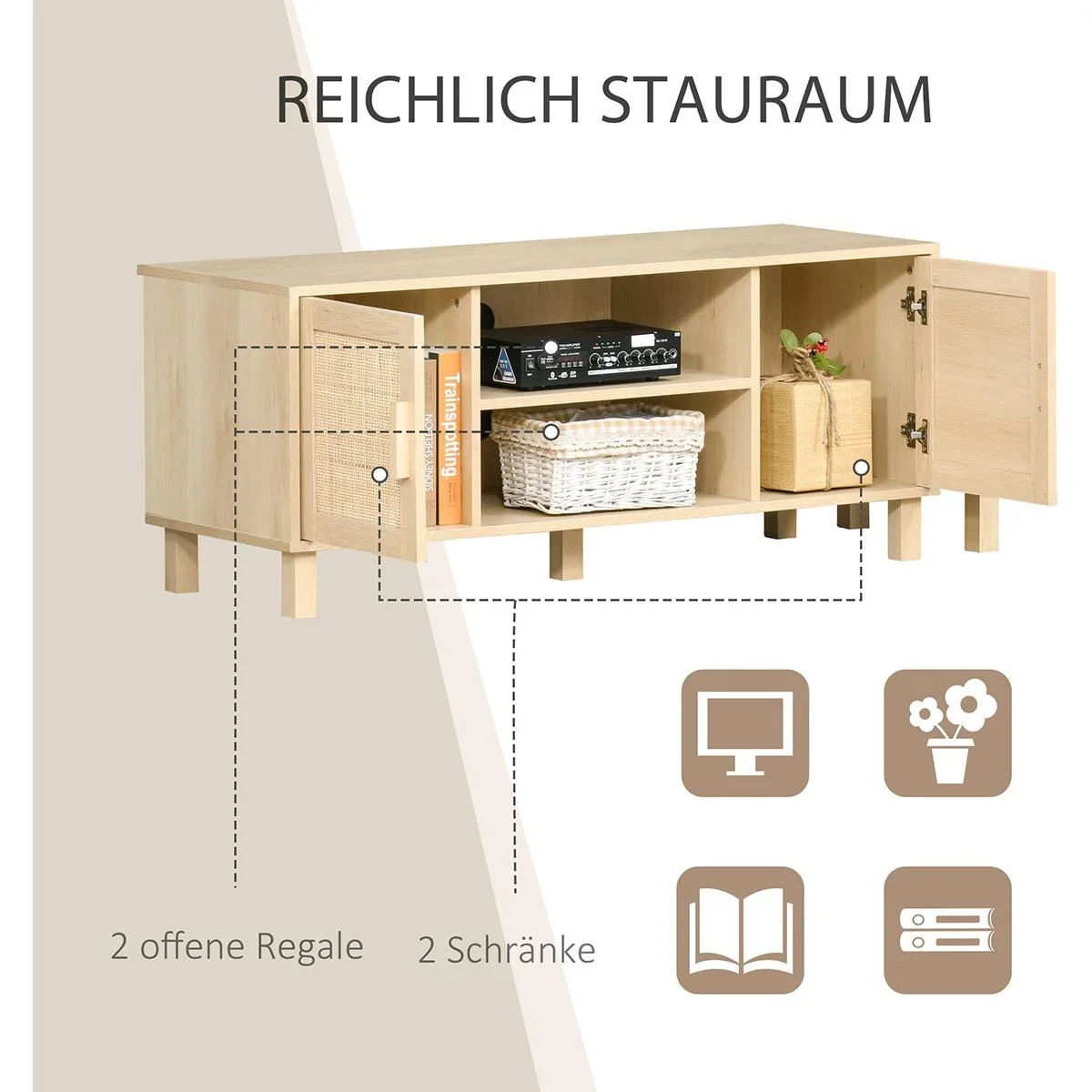Fernsehschrank mit Rattanoptik natur - 5