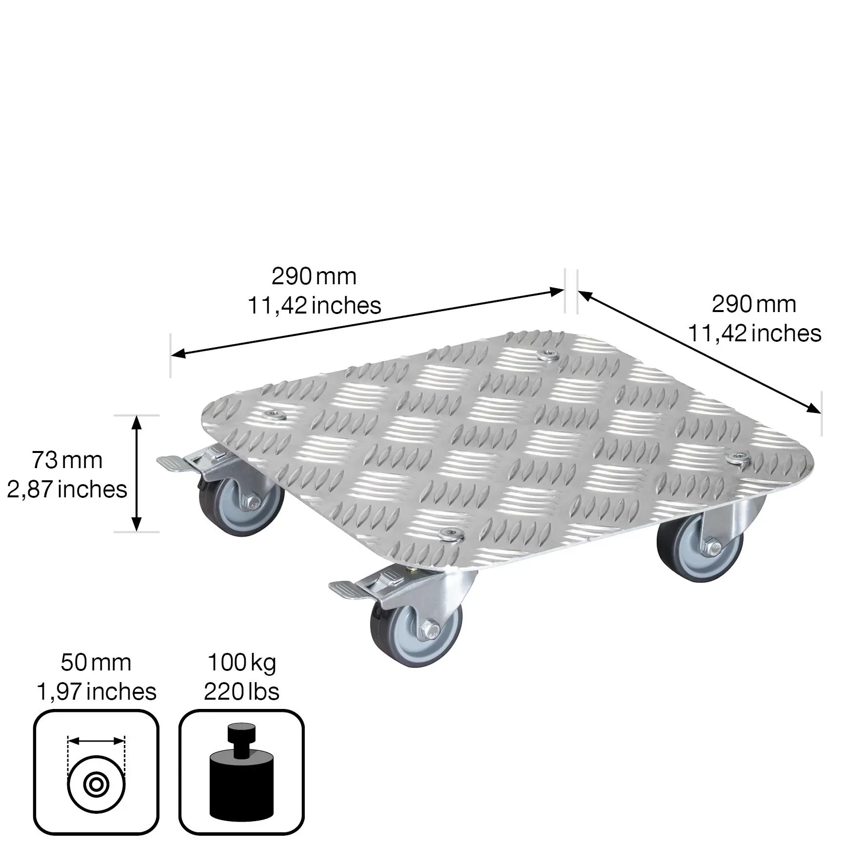 Multi Roller MR 7003, 29 x 29 x 7,5 cm, softe Rollen Ø 50 mm, Gleitlager, 2 Bremsen, Alu Riffelblech, Tragkraft 150 kg - 1