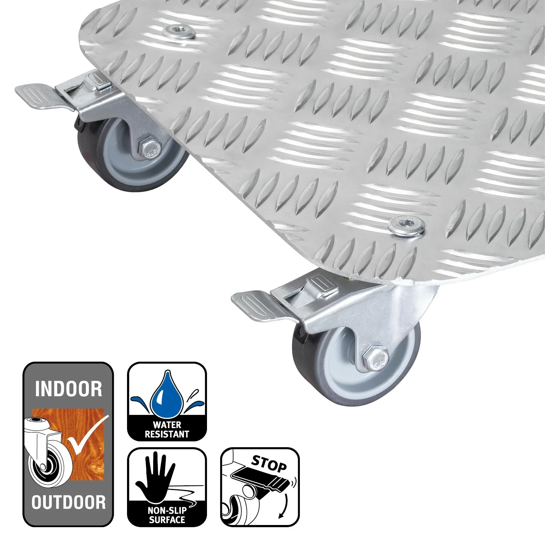Multi Roller MR 7003, 29 x 29 x 7,5 cm, softe Rollen Ø 50 mm, Gleitlager, 2 Bremsen, Alu Riffelblech, Tragkraft 150 kg - 4