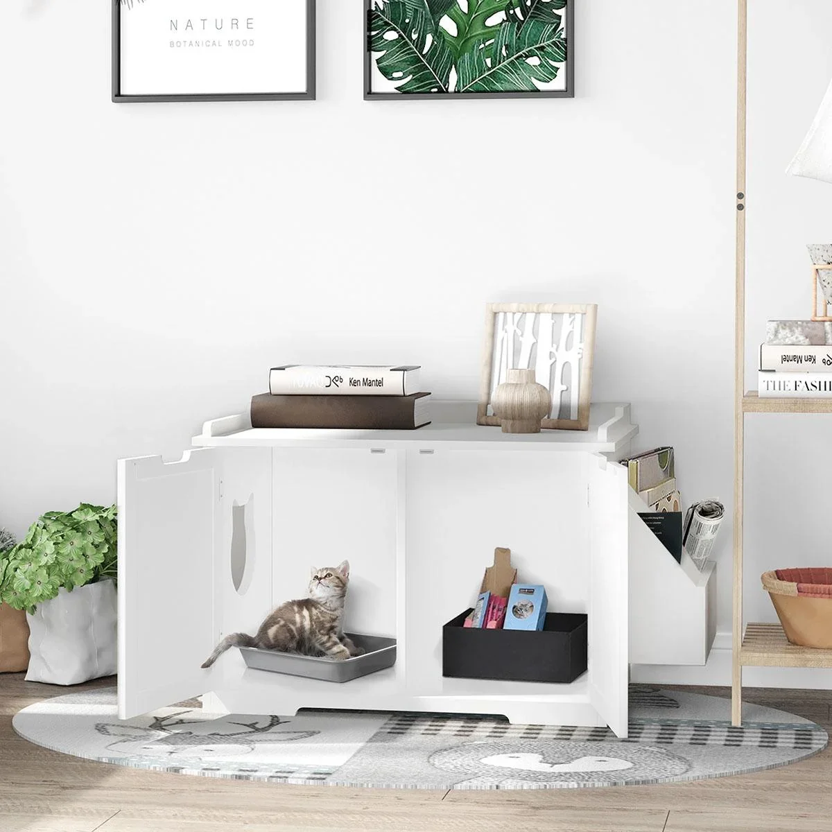 Katzentoilette mit Regal Katzenhöhle Katzenhaus Katzenschrank Versteck und Abdeckung für Katzentoilette Weiß MDF - 1