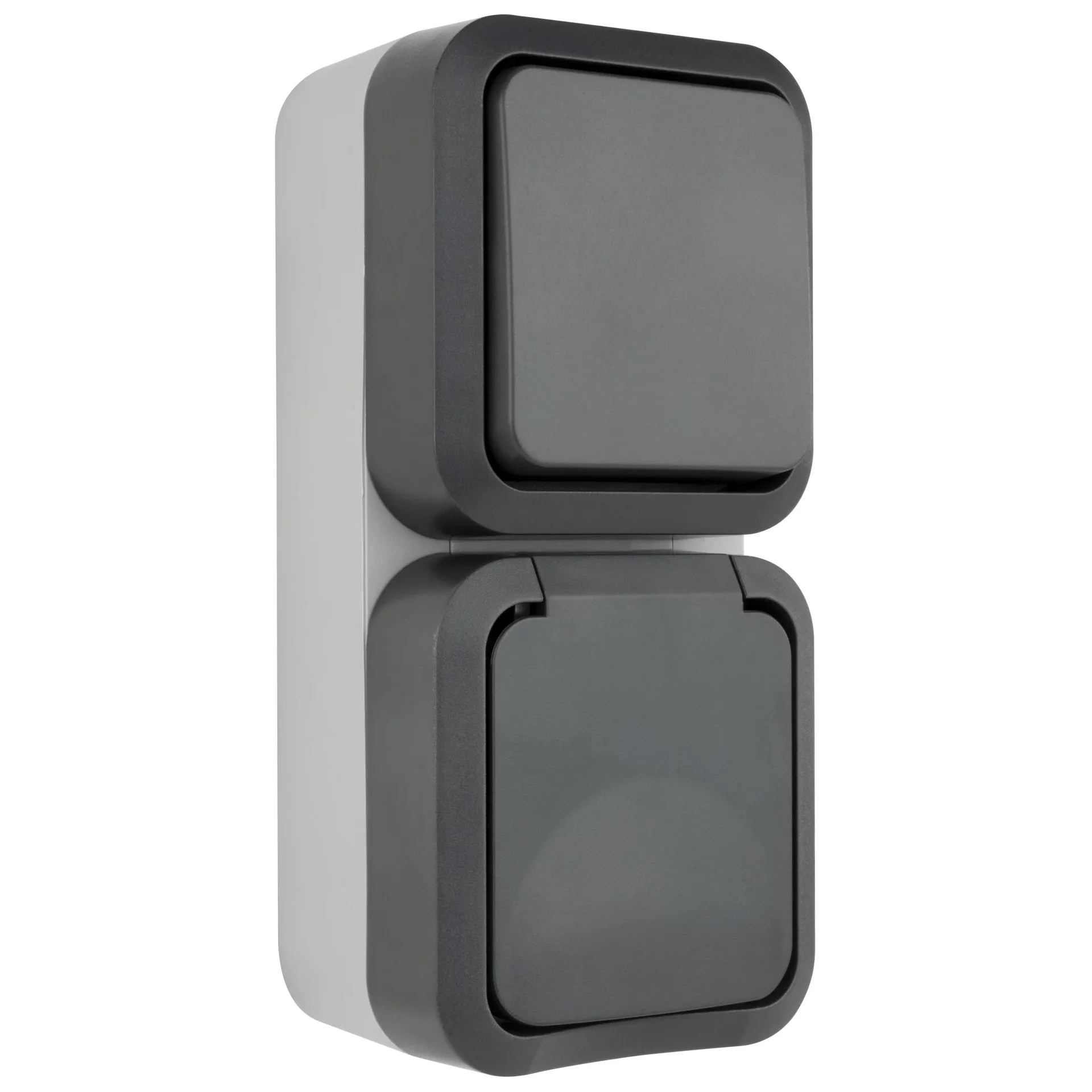 Aufputz-Feuchtraum Schalter/ Schutzkontakt-Steckdose mit Klappdeckel, senkrecht IP55 - 1
