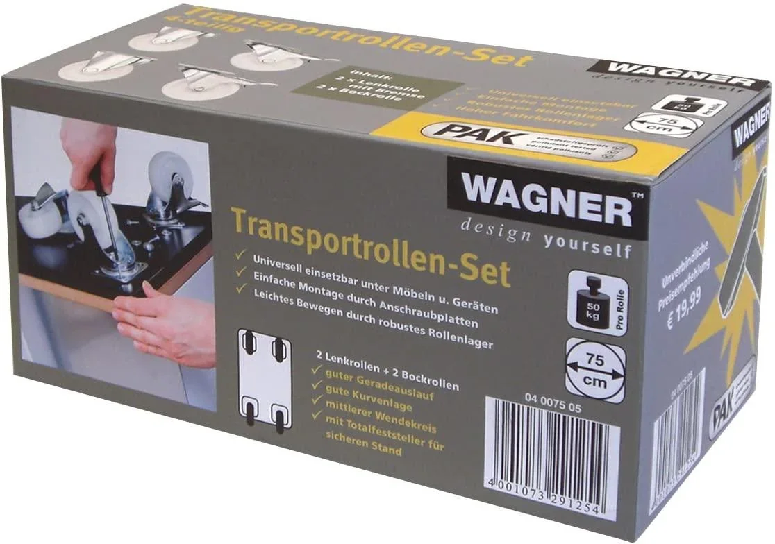 Transportrollen ROFI 4 teilig Ø 75 mm, Platte ca. 60 x 42 cm, 2 Bock- & 2 Lenkrollen mit Bremse, Tragkraft 60 kg / Rolle - 0