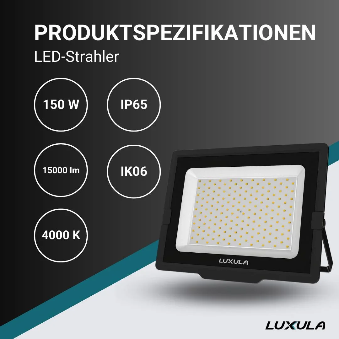 LED-Fluter in schwarz bietet 150 W, 4000 K (neutralweiß), 15000 lm & IP65 Schutz - 1