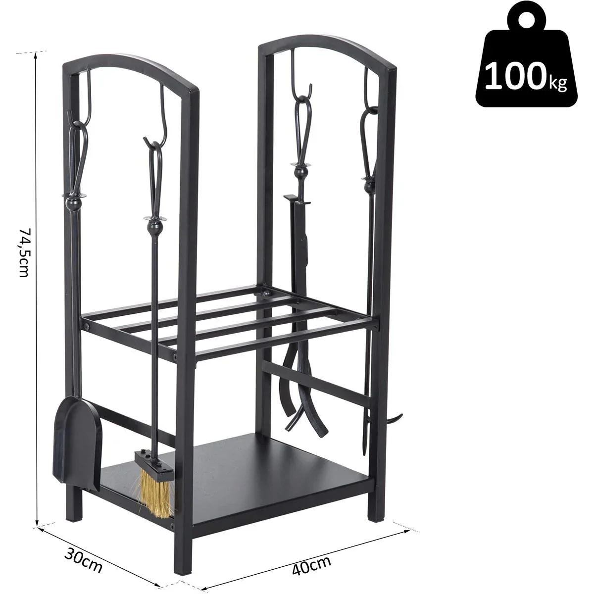 Kaminholzständer mit Kaminbesteck schwarz - 2