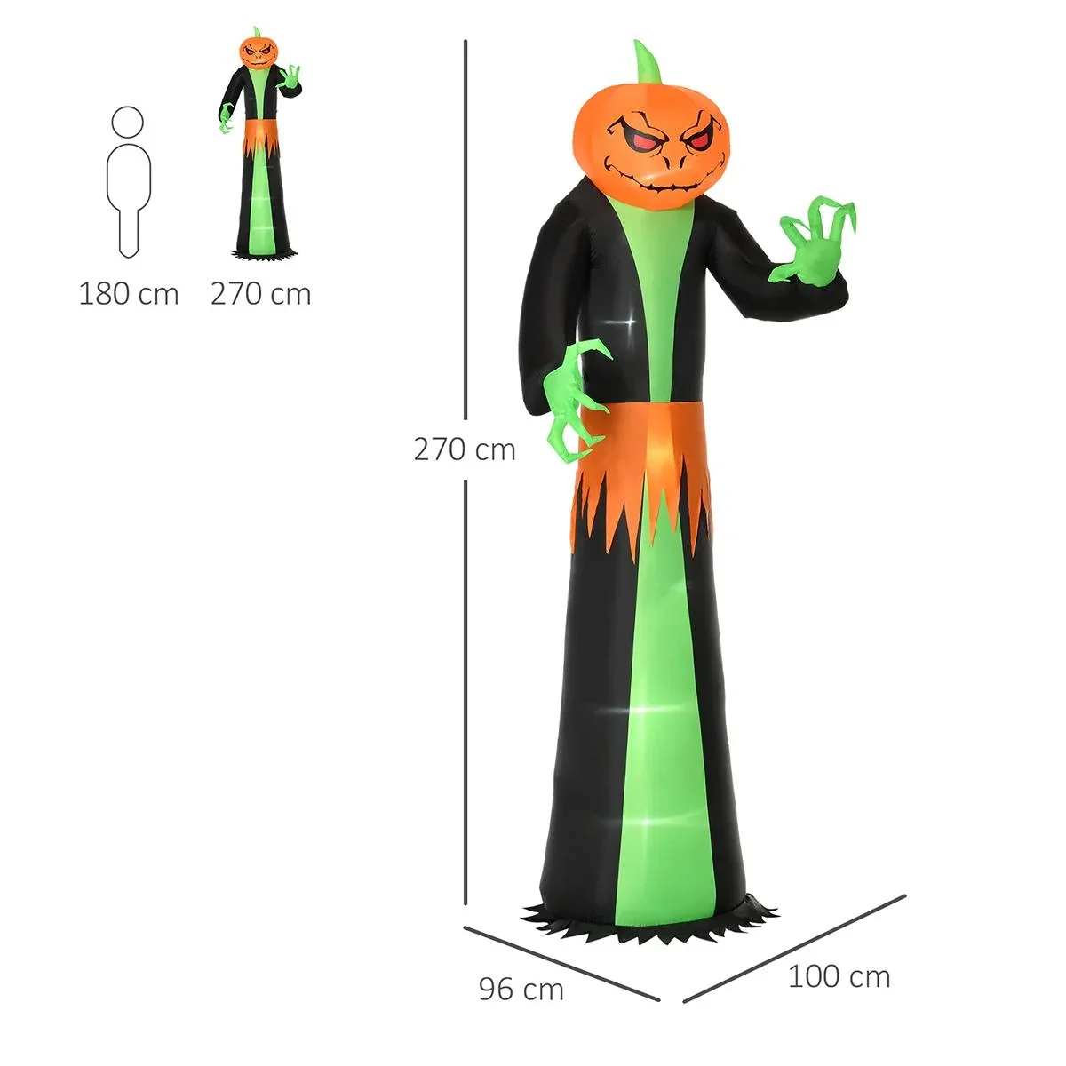 Aufblasbar Kürbis Halloween Dekoration Selbstaufblasend Gespenst mit LED Polyester Grün+schwarz 100 x 96 x 270 cm - 1