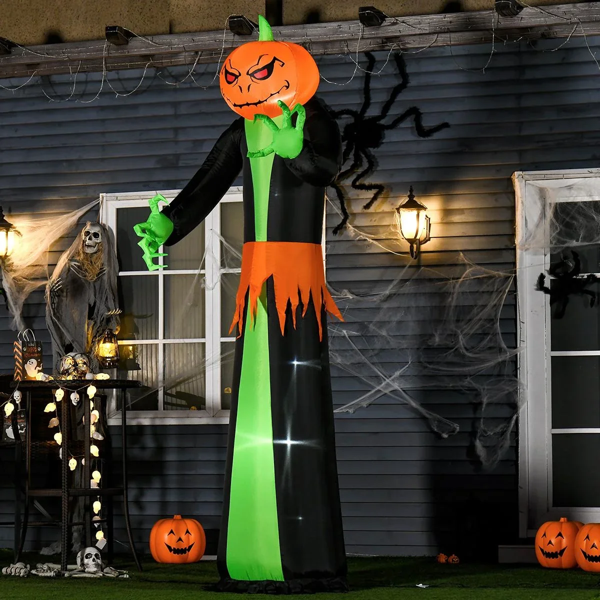 Aufblasbar Kürbis Halloween Dekoration Selbstaufblasend Gespenst mit LED Polyester Grün+schwarz 100 x 96 x 270 cm - 3