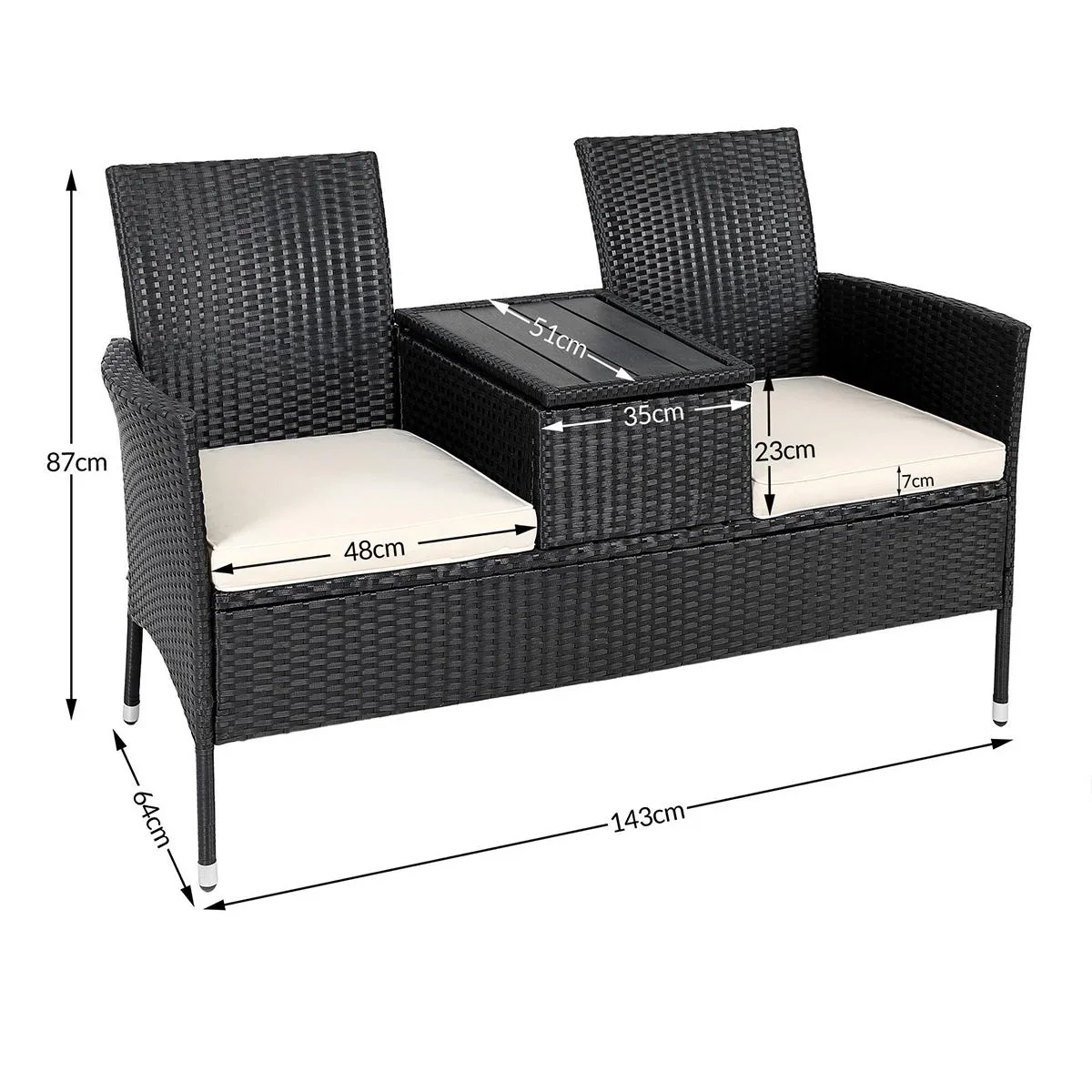 Gartenbank Polyrattan Love Bench mit Box, 143x64x87cm, 3 Stück, schwarz - 3