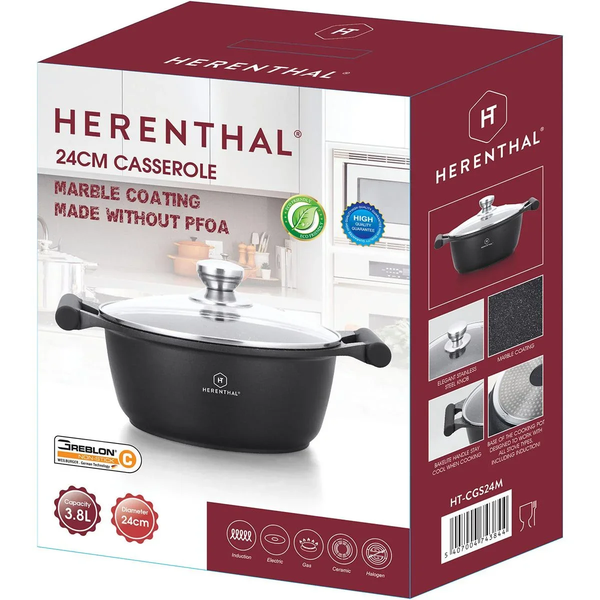 Herenthal Bratpfanne - Marmorbeschichtung - Mit Glasdeckel- 24cm - 0