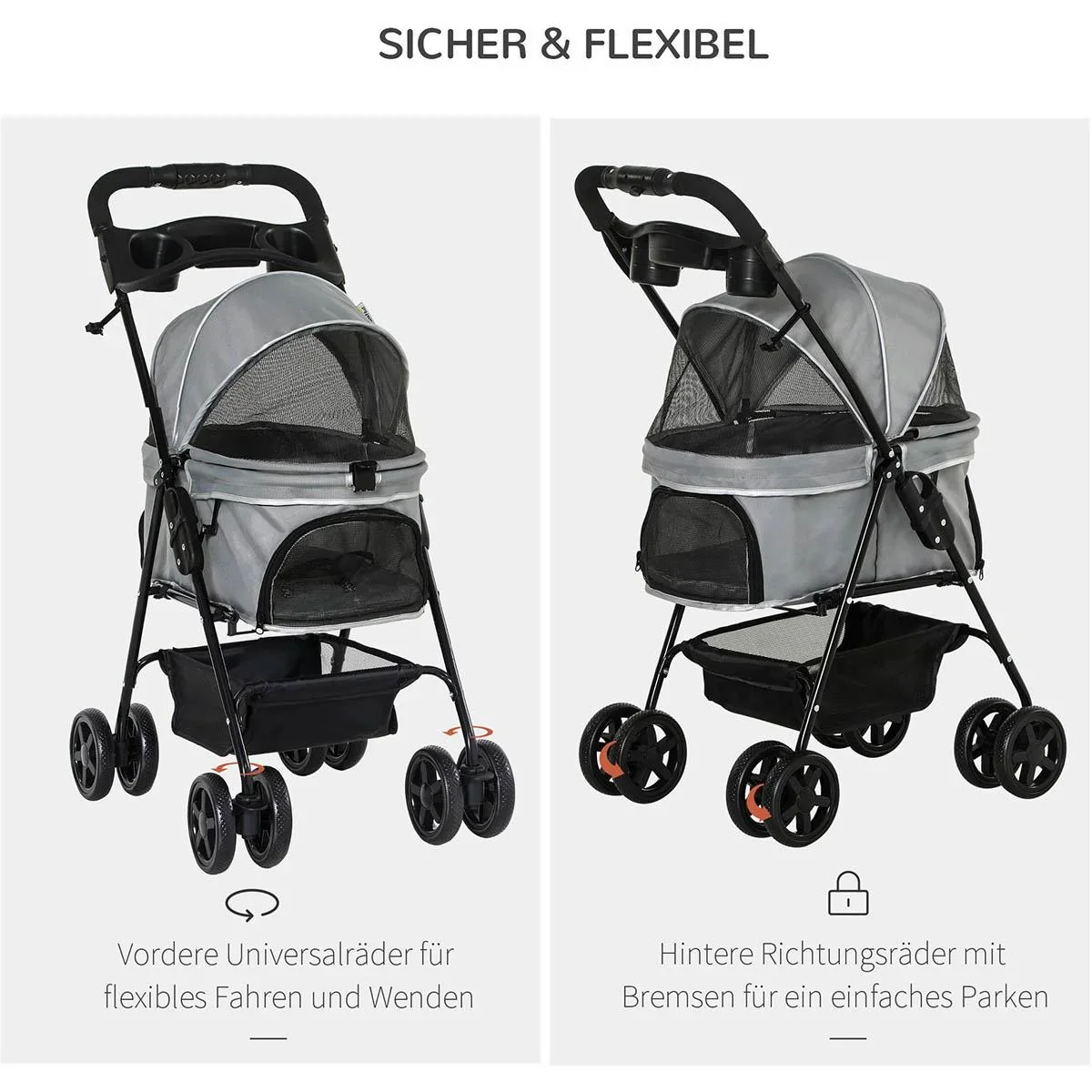 Hundebuggy mit Klappfunktion Hundewagen Buggy für Hunde und Katzen Haustierwagen Katzenbuggy Oxford Grau 67 x 45 x 96 cm - 0