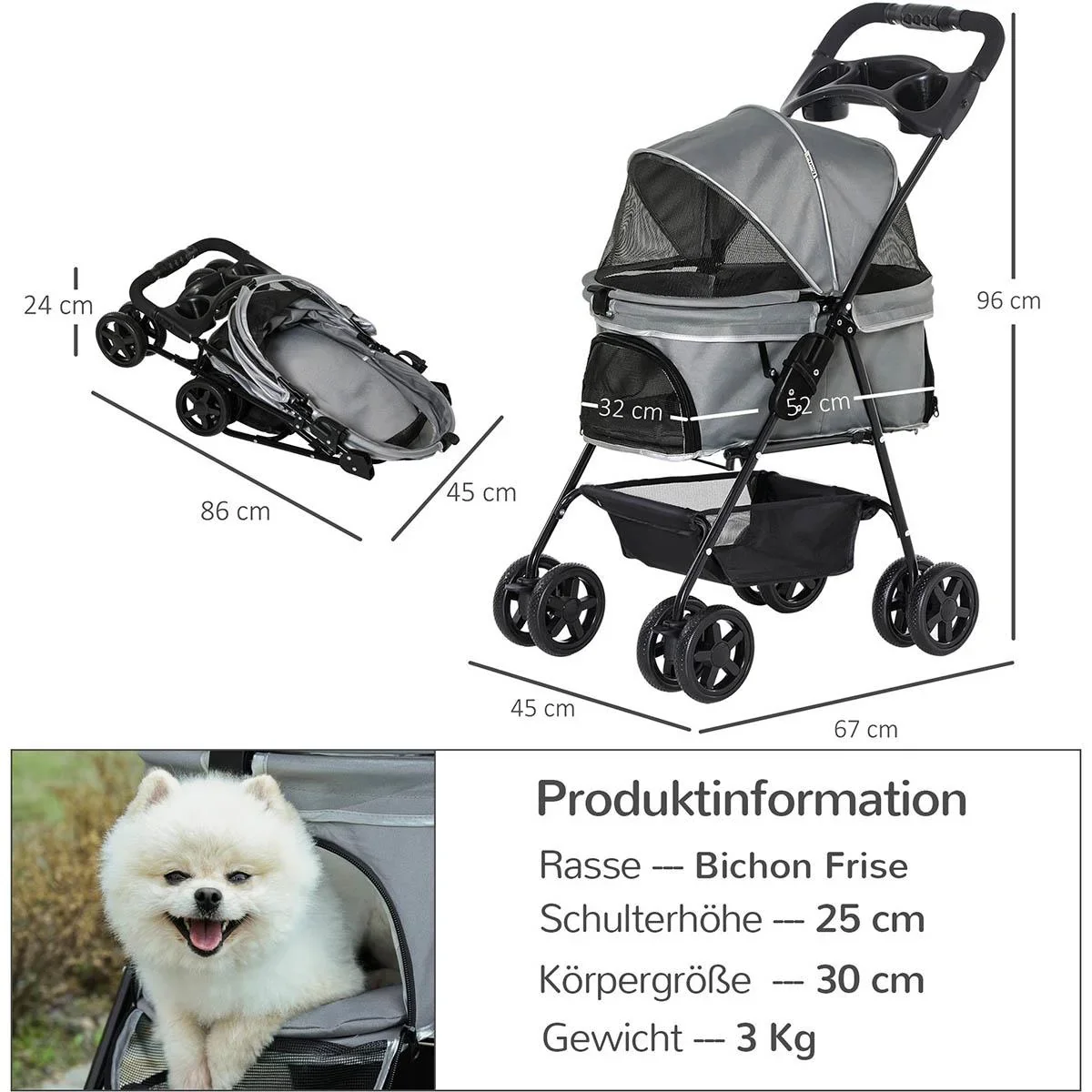 Hundebuggy mit Klappfunktion Hundewagen Buggy für Hunde und Katzen Haustierwagen Katzenbuggy Oxford Grau 67 x 45 x 96 cm - 1