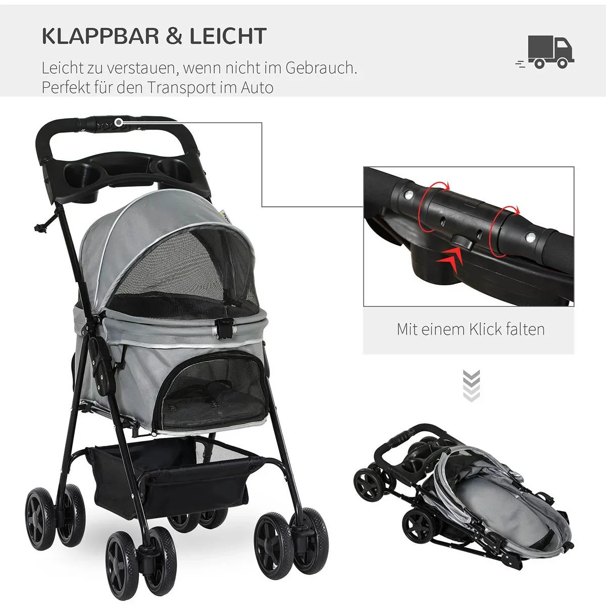 Hundebuggy mit Klappfunktion Hundewagen Buggy für Hunde und Katzen Haustierwagen Katzenbuggy Oxford Grau 67 x 45 x 96 cm - 3