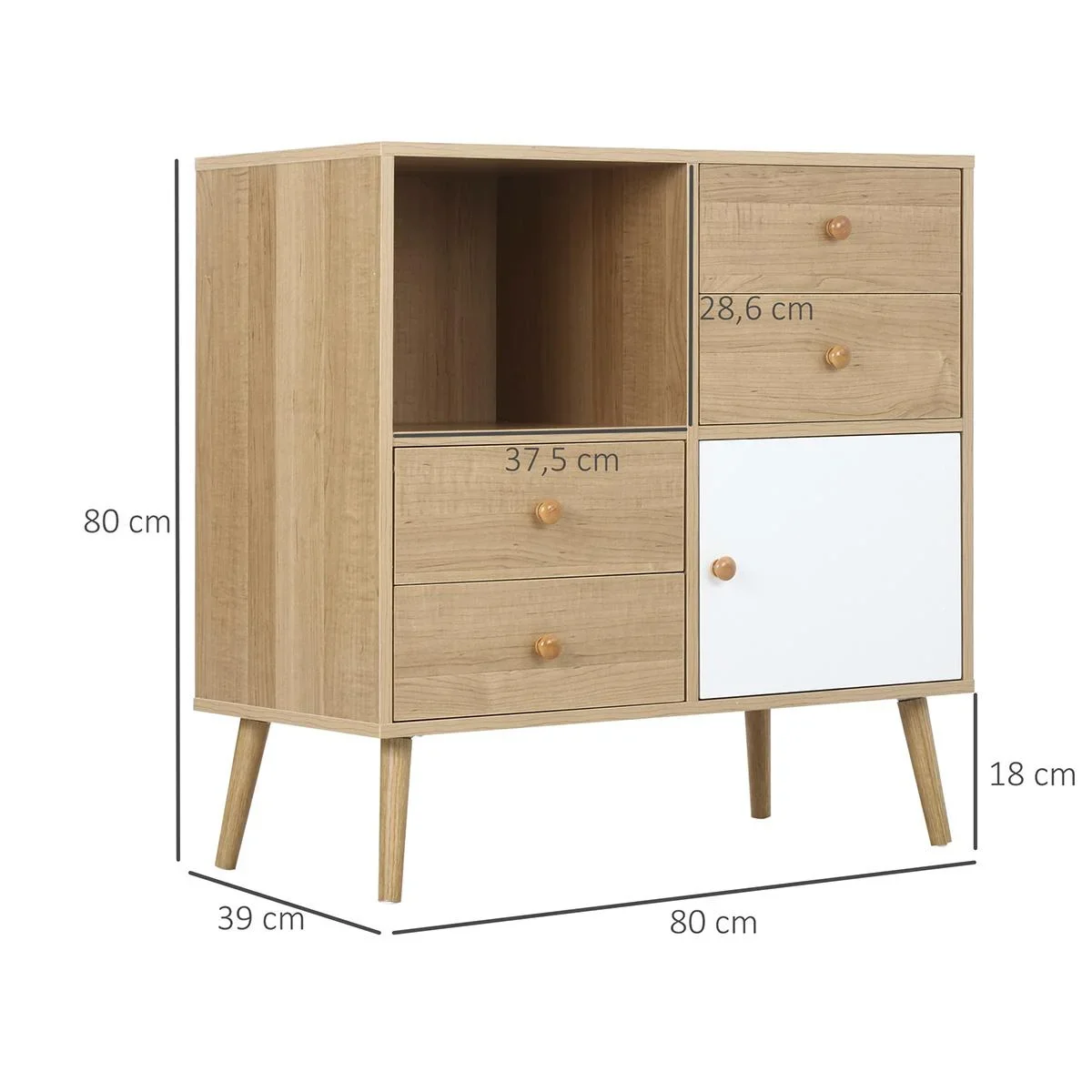 Sideboard Küchenschrank Kommode mit 1 offenen Fächern 4 Schubladen Skandi-Design Natur+Weiß 80 x 39 x 80 cm - 0